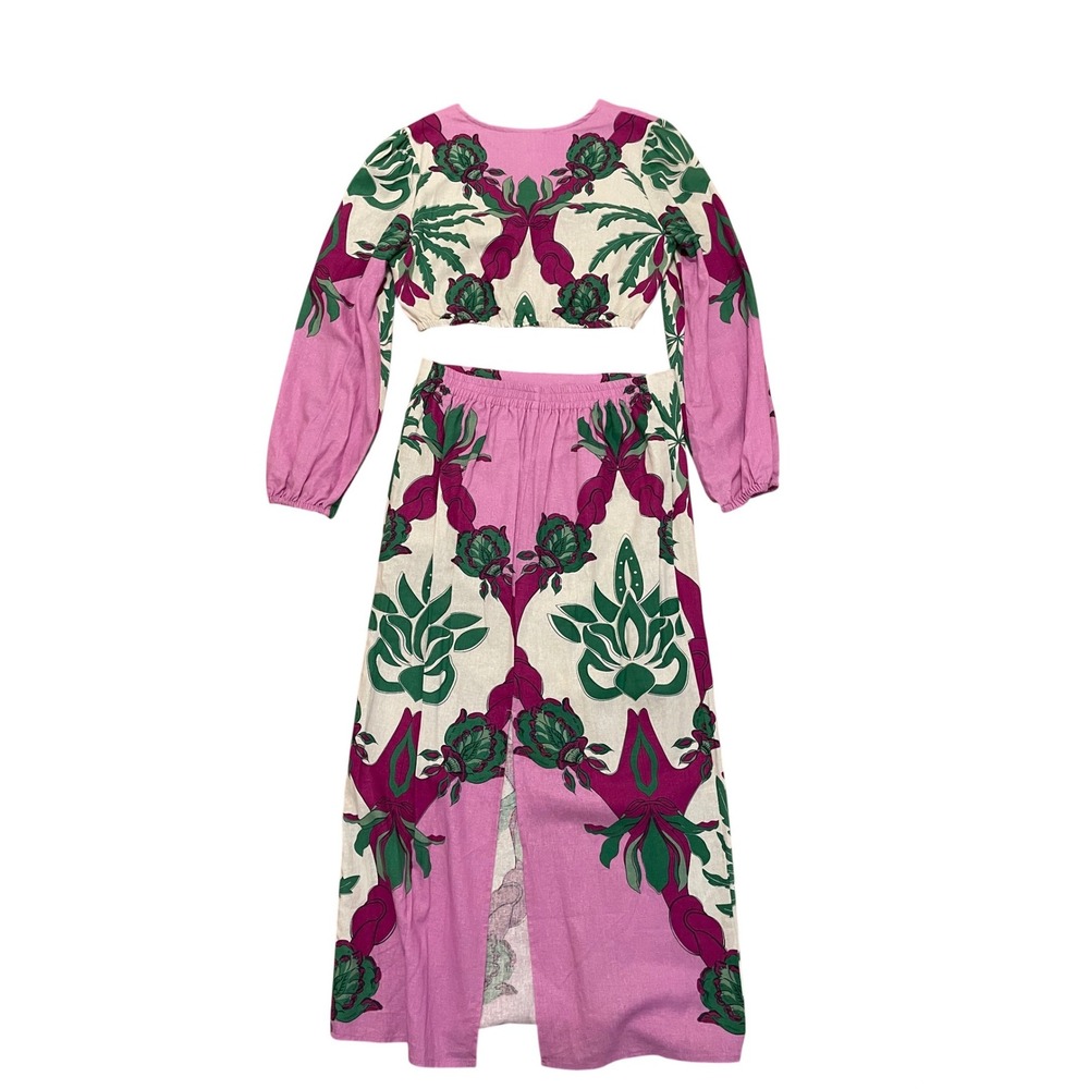 Caroline Constas 2 Piece Crop Top & Midi Skirt Set NWT Pink Green Medium - Picture 3 of 10